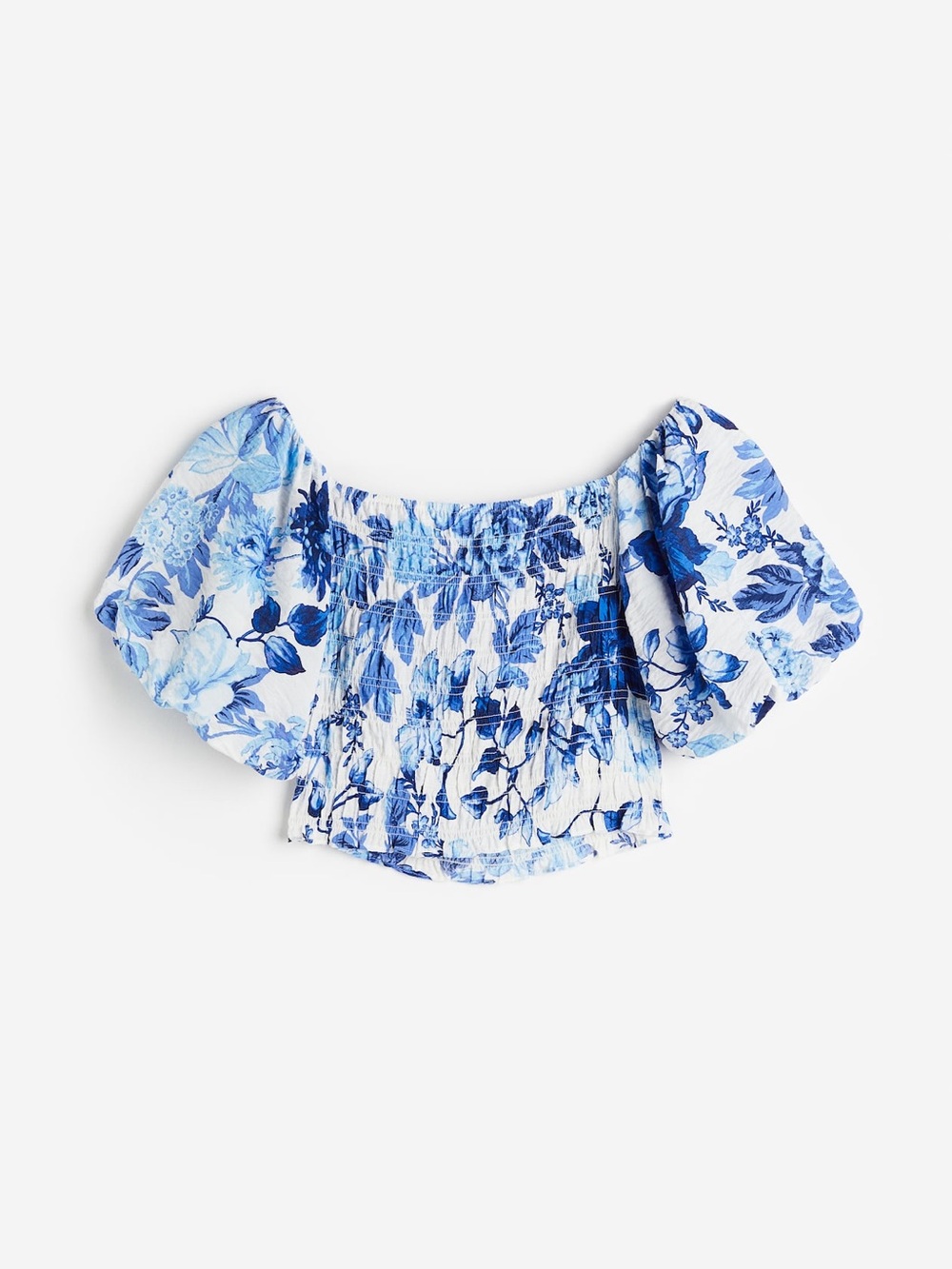 H&M Blue and White Floral Off-Shoulder Smocked Crop Top